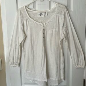 LOGG H&M white cotton paisley henley pullover top 1/4 button cuffs pocket LG